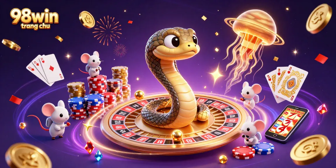 Experience thrilling bets with the 98win trang chu cosmic dealer and astronaut mice in this vibrant casino scene.