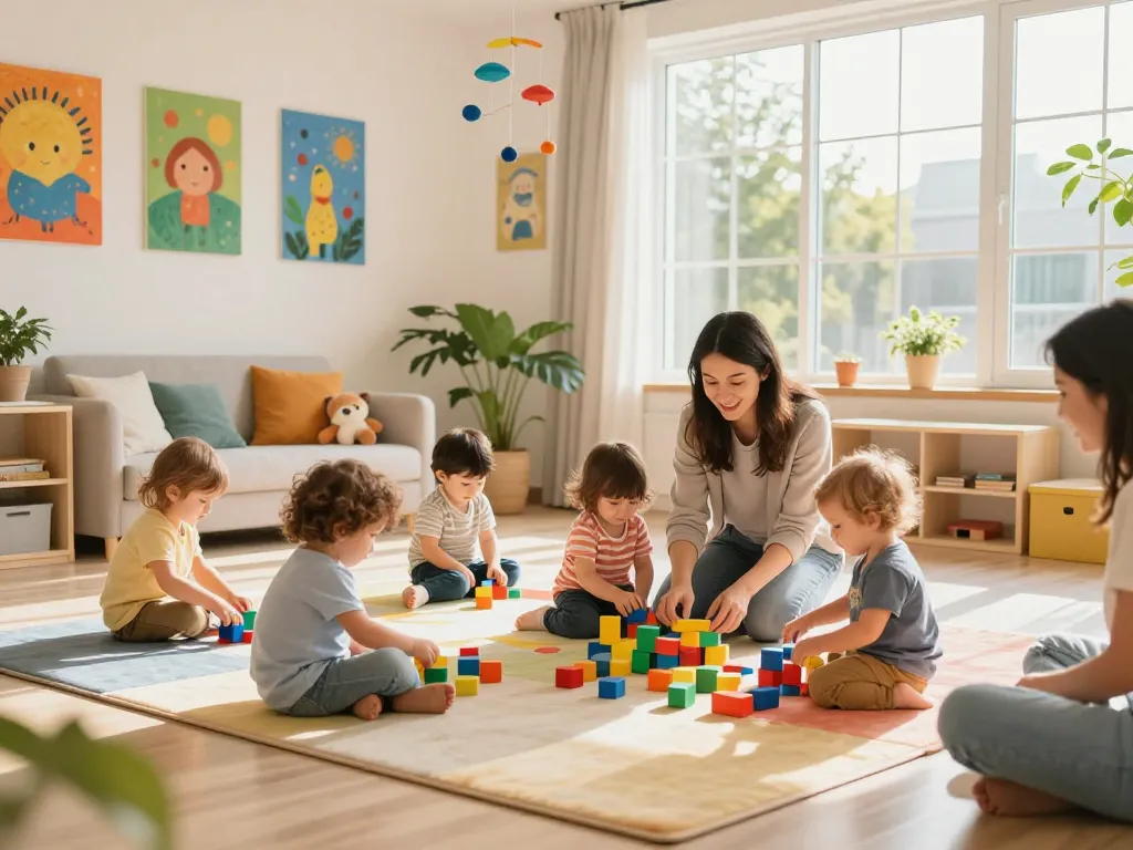 Nursery playtime scene showcasing children and caregivers, emphasizing panen178's commitment to early learning.