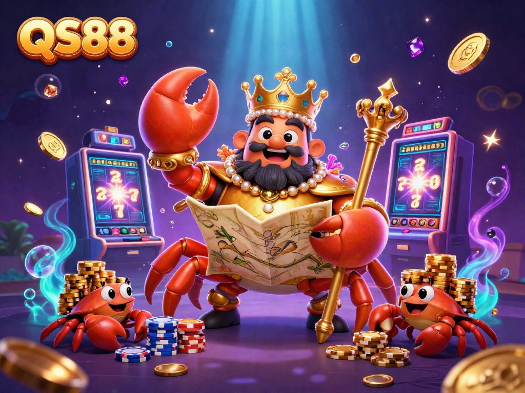 Play QS88 slots with a golden crab emperor amidst cascading coins and colorful poker chips.