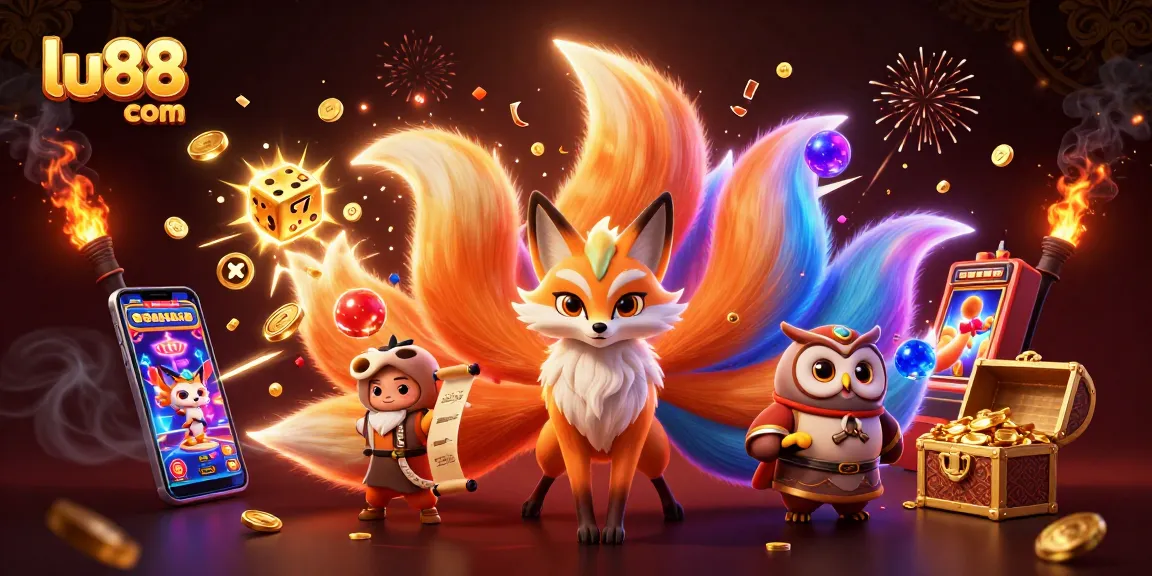 Create exciting experiences at lu88 com with a vibrant illustration showcasing colorful gaming, a jackpot explosion, and dynamic characters.