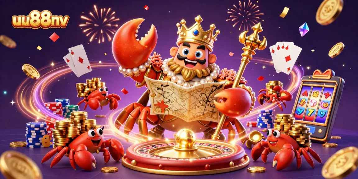 Experience thrilling games with the golden crab emperor at uu88nv, revealing treasures in a vibrant casino scene.