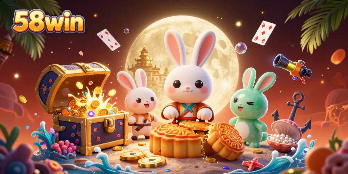 Engage with the thrilling 58win experience as the moon rabbit reveals poker chip treasures in a vibrant gaming scene.