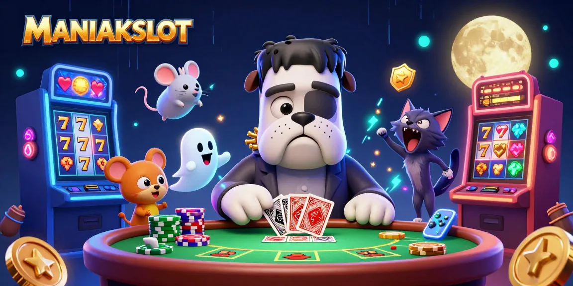 Engage with MANIAKSLOT as the Frankenstein bulldog deals cards at a vibrant casino-themed illustration.