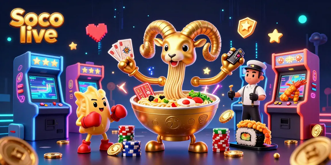 Soco live's dynamic illustration featuring a giant ramen bowl dealer and cheerleaders in a vibrant casino scene.