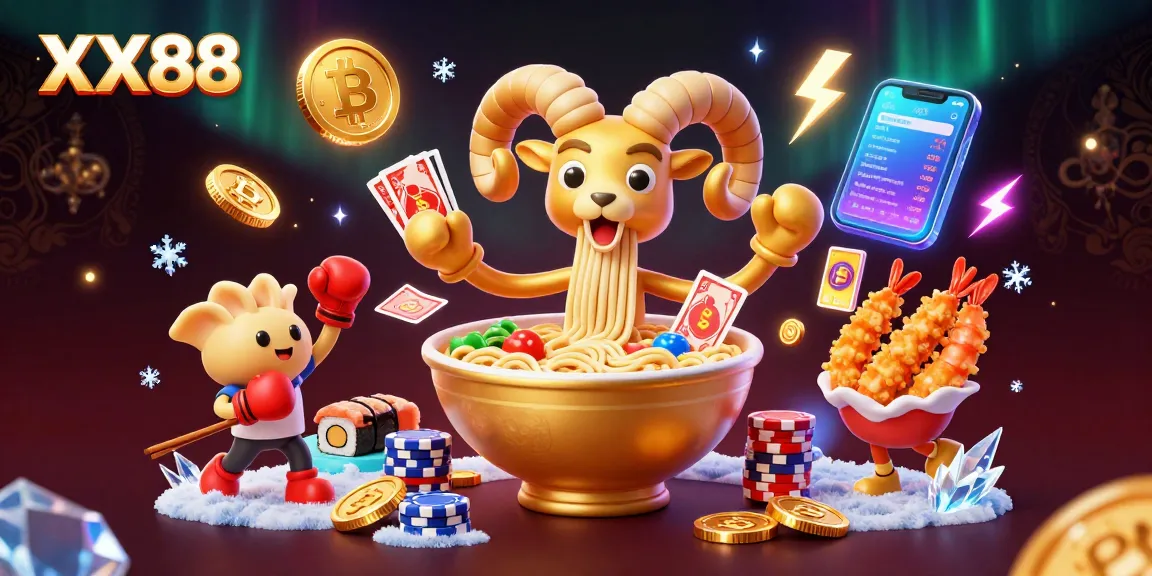 Engage with the dynamic world of XX88 featuring a golden ramen bowl dealer surrounded by crypto coins and vibrant characters.