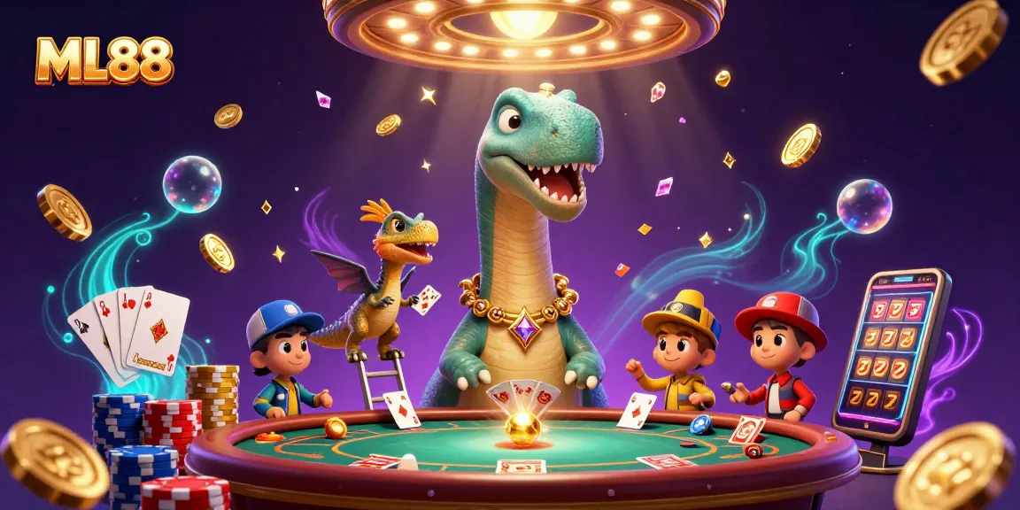 Experience the excitement of ML88 at a vibrant casino scene with colorful poker elements and dazzling light effects.