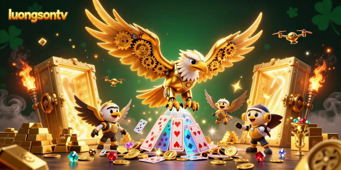 luongsontv showcases a cybernetic eagle diving amidst holographic cards, symbolizing thrilling gambling action.
