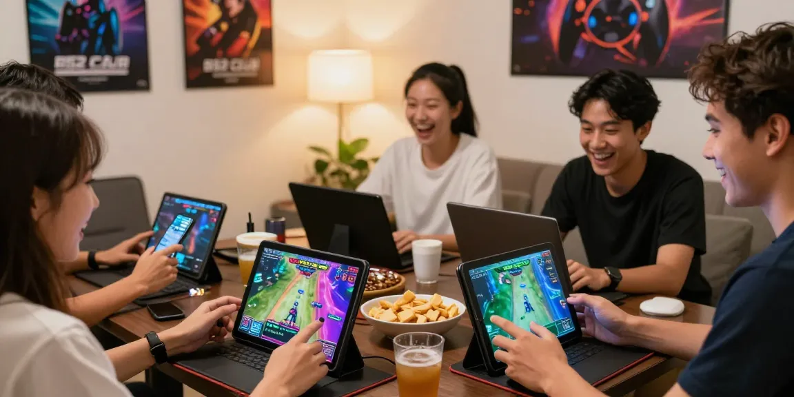 Excited friends enjoying B52 CLUB gaming on devices at home, reflecting the dynamic experience of https://b52club.radio.fm/.