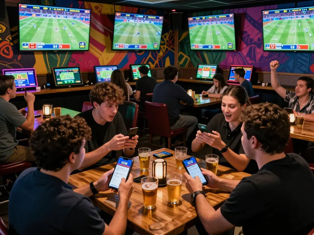 Engaging in live sports betting on SC88 app at a vibrant sports bar with excited patrons.