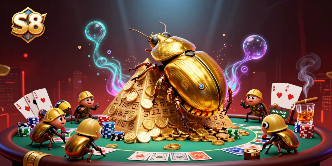 S8 players enjoy a vibrant casino scene with golden beetles and poker action amidst dazzling lights.