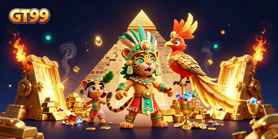 Spin to win at GT99 with dazzling casino treasures and a dynamic Mayan priest scene.