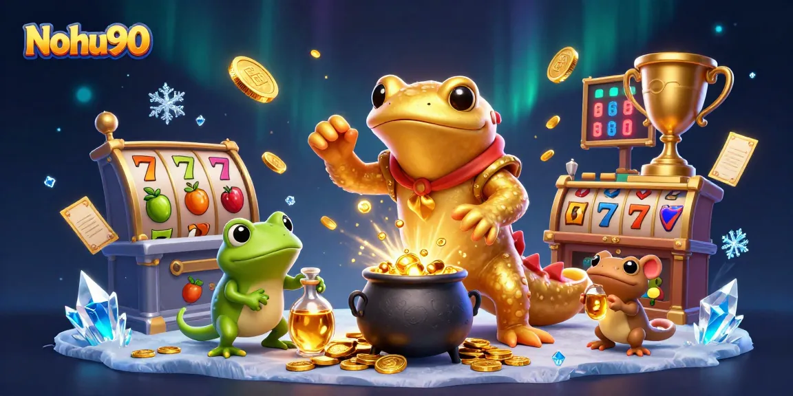 Nohu90's vibrant casino illustration showcasing a golden salamander alchemist and dynamic slot game elements.