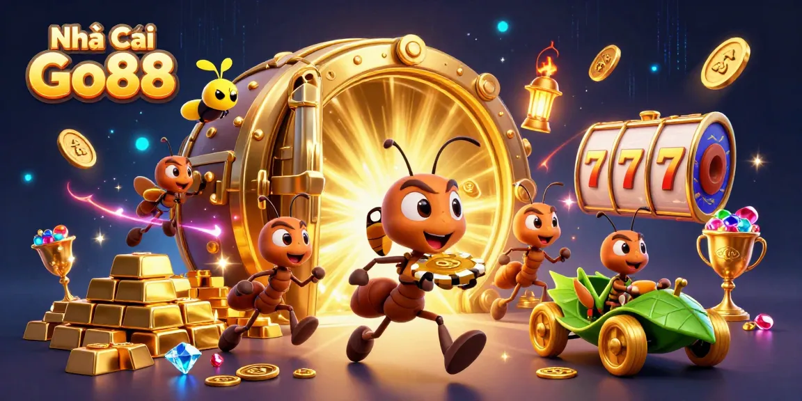 Capture the excitement of gaming with Nhà Cái Go88's ant heist illustration featuring giant jackpot elements.