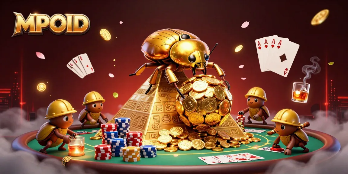 MPOID showcases a golden beetle and poker elements, exemplifying casino excitement and strategy.