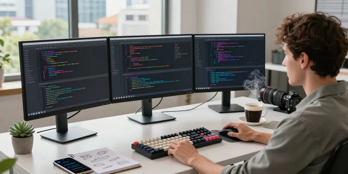 Developer coding at a digital workspace for teiegramin.com showcasing modern tech environment with screens and coffee.