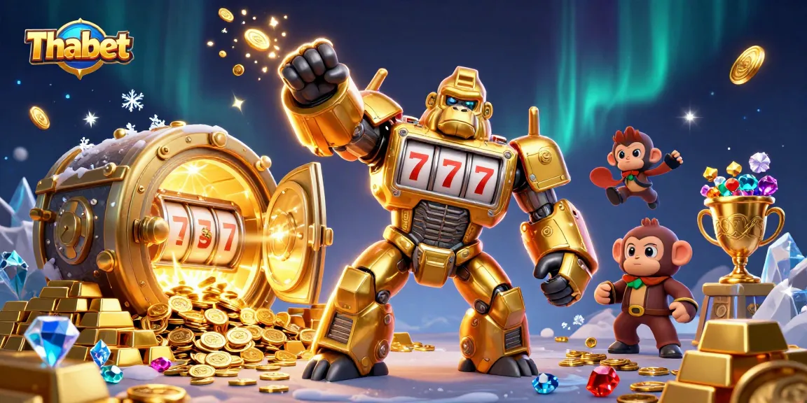 Thabet transforms the gaming experience with a golden gorilla mech amidst stunning casino elements.