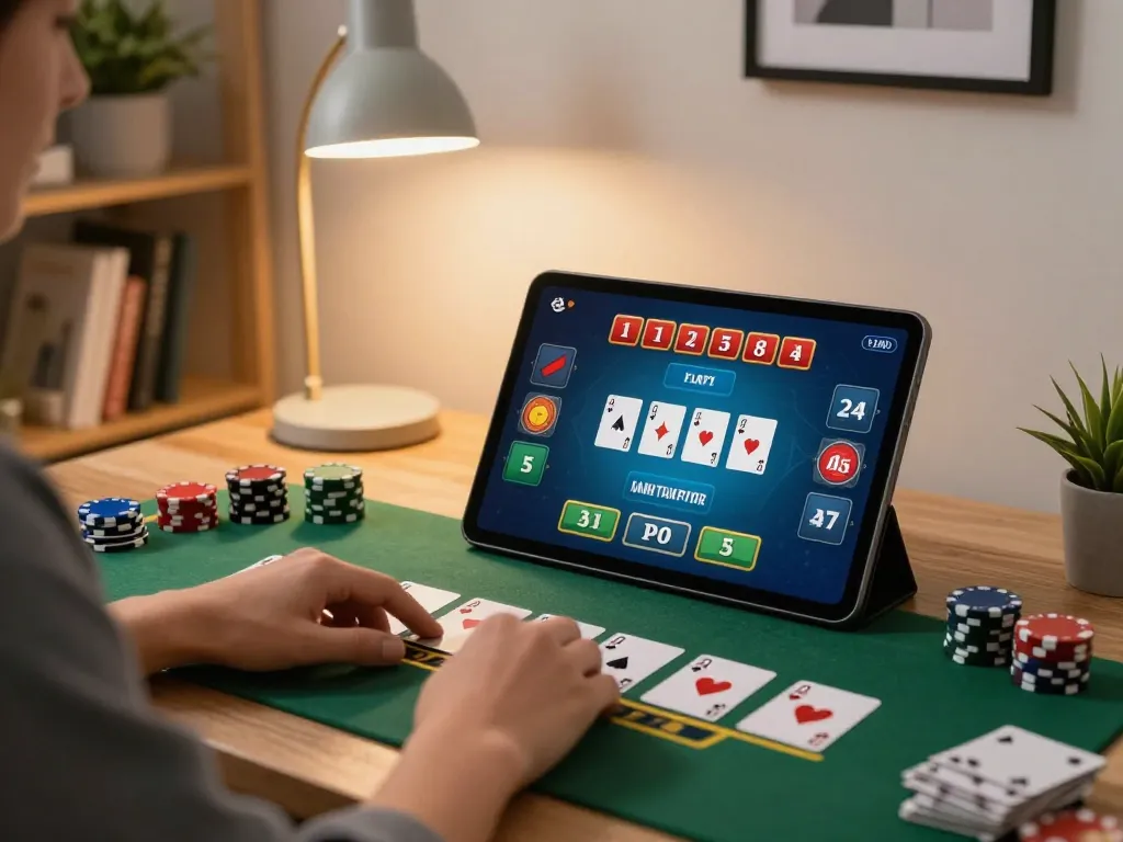 Enjoying an interactive blackjack game online with fun79 in a cozy home setup