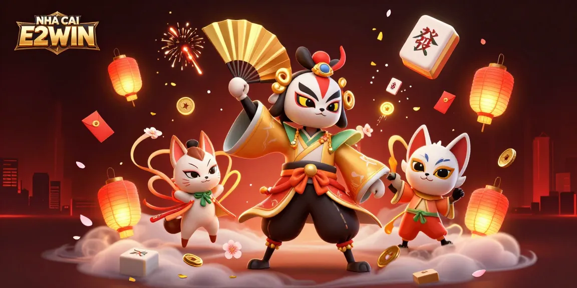 NHA CAI E2WIN showcases a vibrant 3D casino scene with a kabuki warrior and festive elements, immersing players in gaming excitement.