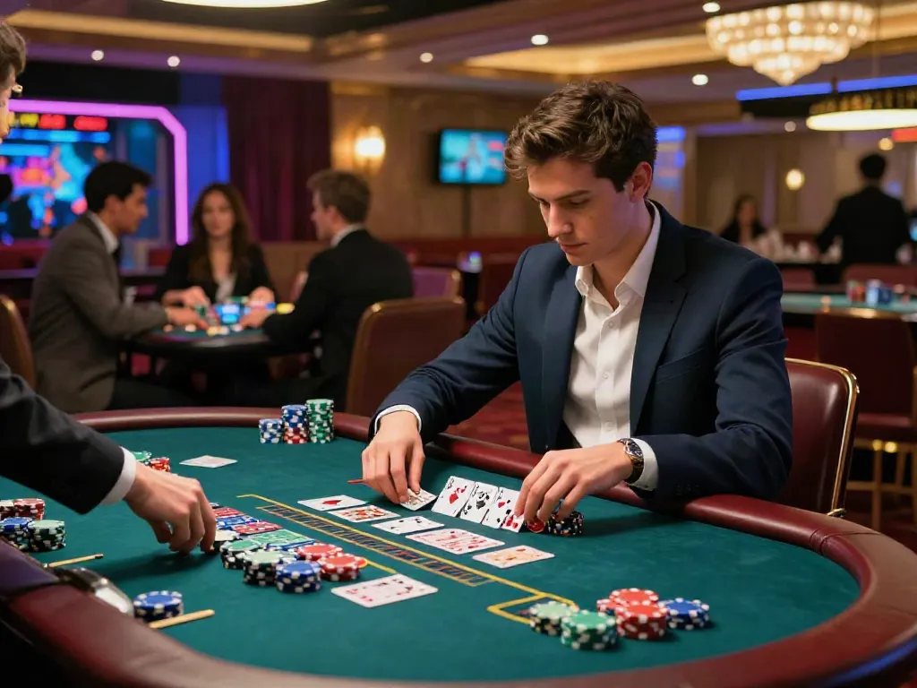 Engaging blackjack en ligne scene in a luxurious casino with a focused player and vibrant decor.