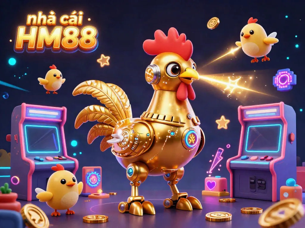 Engage with the vibrant world of nhà cái HM88, where a golden rooster robot dazzles while leading baby chick drones in a dynamic gaming atmosphere.