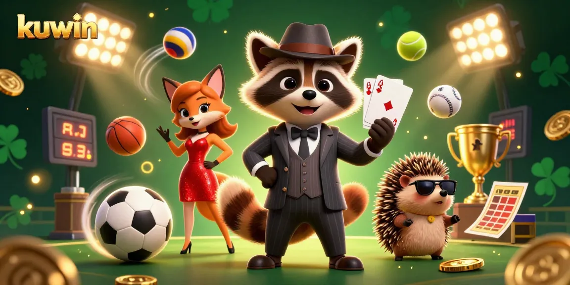 Kuwin showcases thrilling casino action with a suave raccoon, fox lady, and hedgehog in a vibrant 3D illustration.