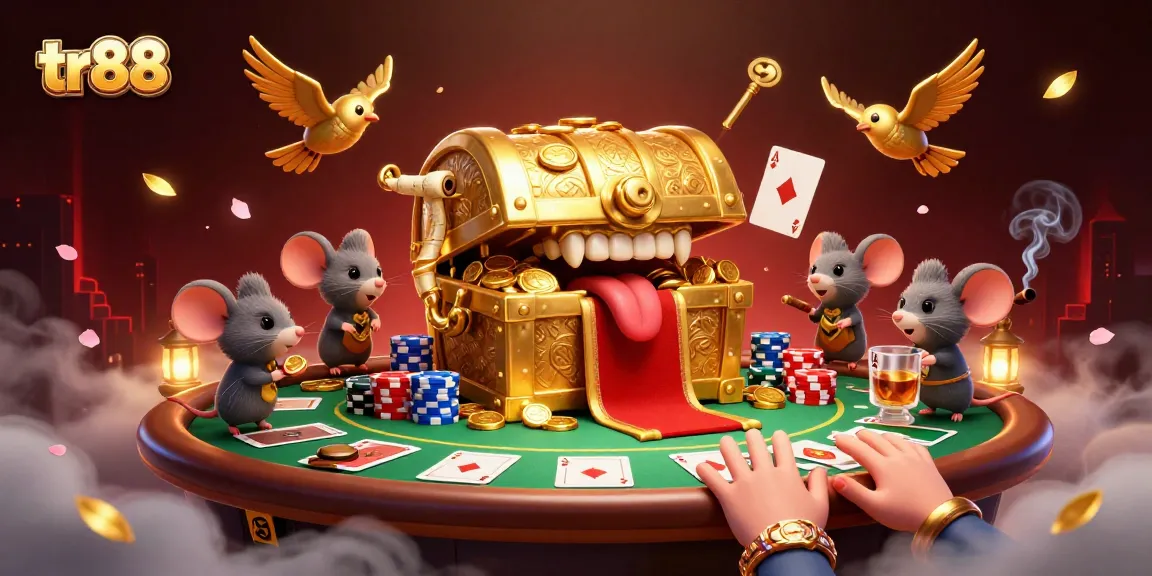 Engage with tr88 to win big at the vibrant poker table featuring golden elements and playful mice.