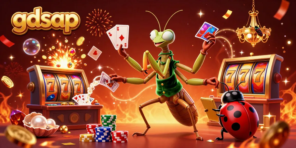 Engage with gdsap's thrilling slots experience illustrated by cartoon mantis and ladybug characters.