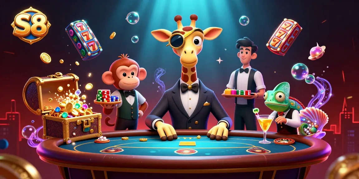S8 showcases a vibrant casino scene with a high-roller giraffe and dynamic slot elements.