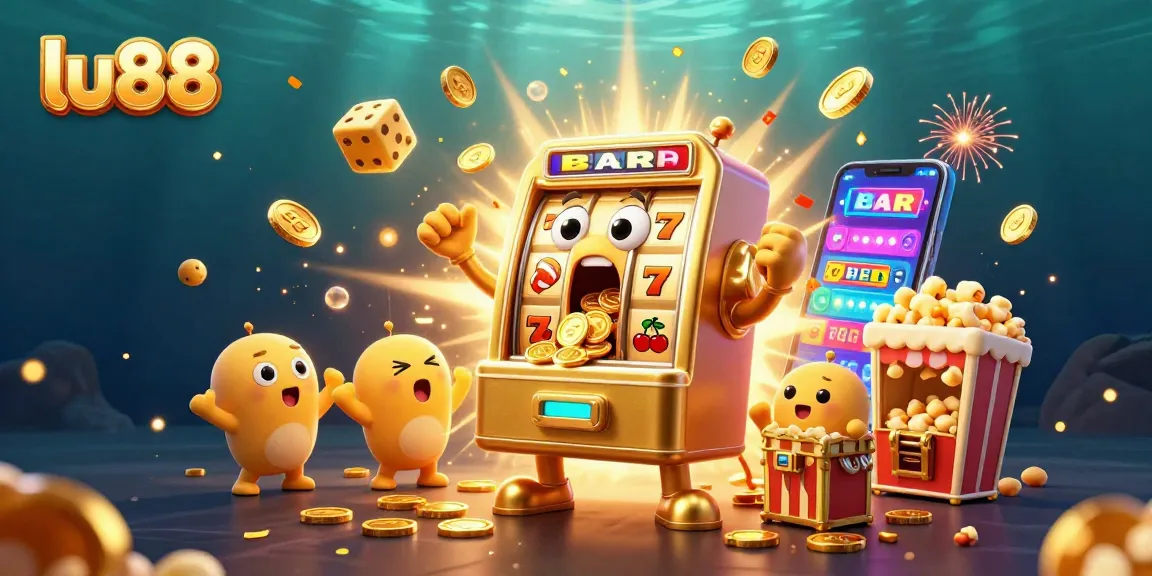 Experience excitement at lu88 with a vibrant 3D slot machine jackpot scene bursting with coins and cheering characters.