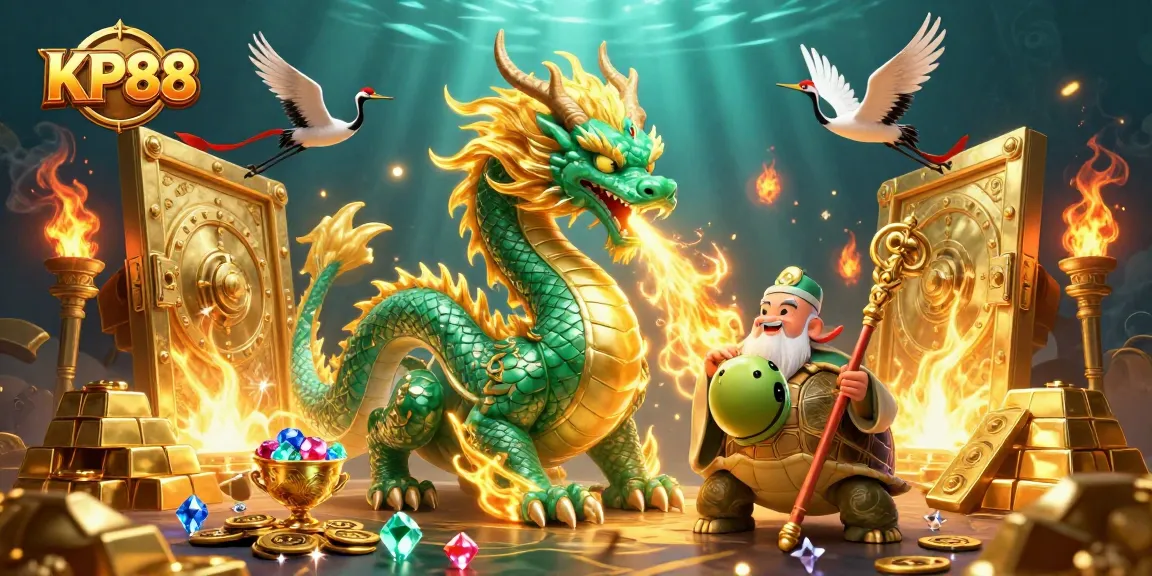 KP88 showcases a majestic dragon and turtle in a vibrant online casino setting with sparkling treasures.