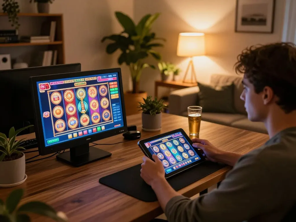 Interagir avec un casino fiable sans KYC sur une tablette dans un cadre de maison élégant