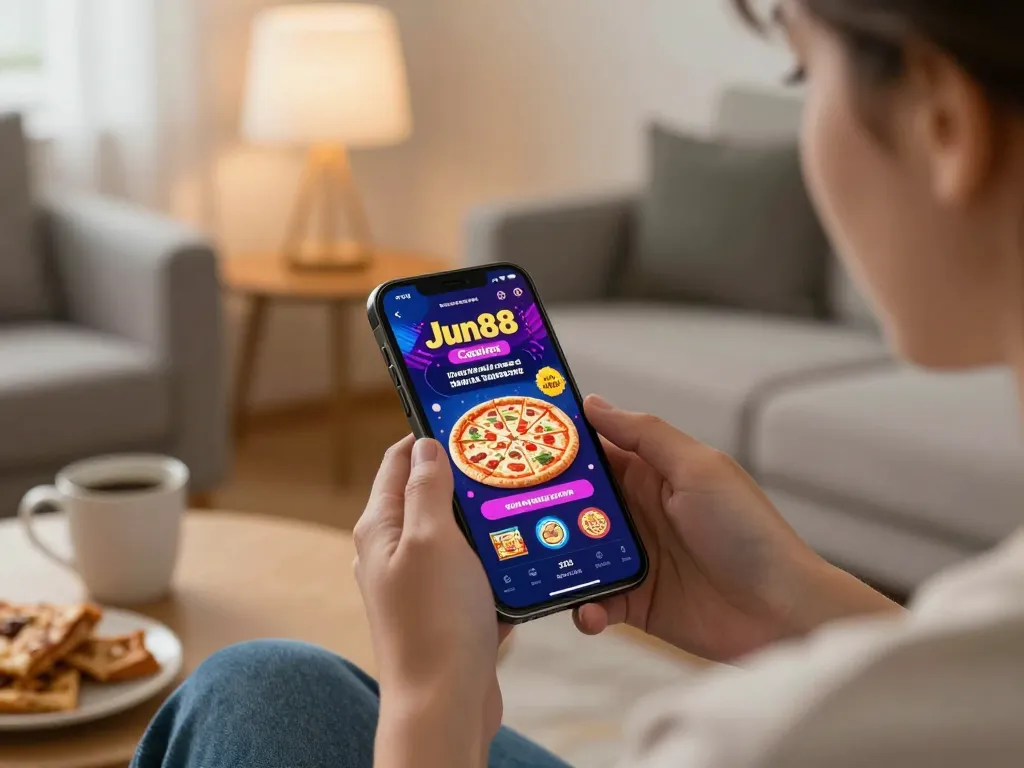 Engaging user plays on Jun88 Pizza casino app in a cozy home environment