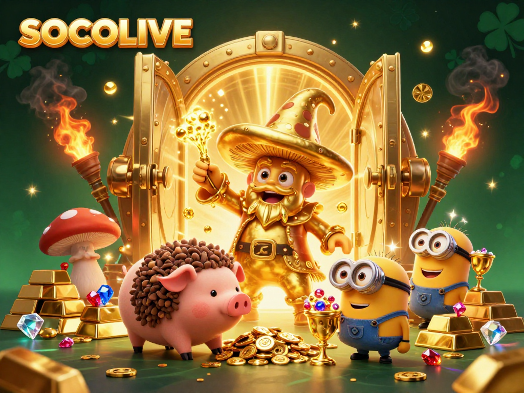 SOCOLIVE showcases a magical scene with a golden mushroom wizard, treasure, and dynamic sparkle effects.