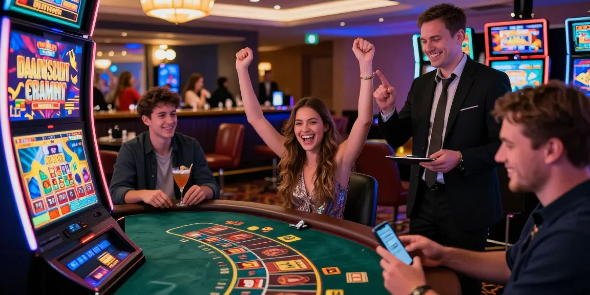 Players at https://bhma.org.uk celebrating a win in a lively international credit card casino with colorful slot machines and friendly dealers.