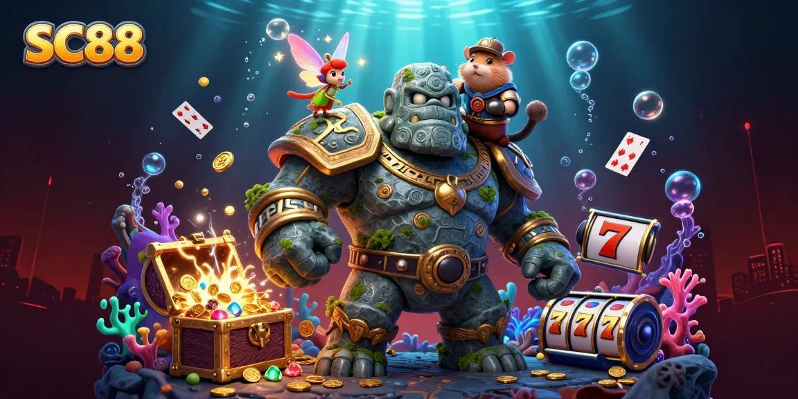 Experience remarkable SC88 gaming thrills with a vibrant illustration of a golem, fairy, and hamster knight.