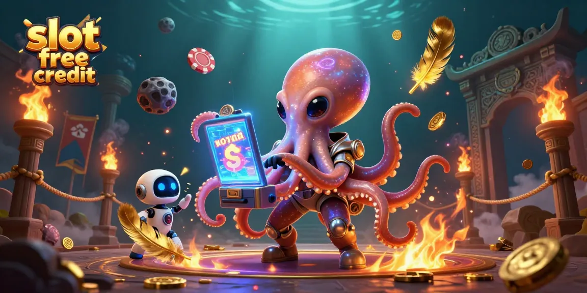 Win big with slot free credit in this vibrant 3D alien-themed casino illustration.