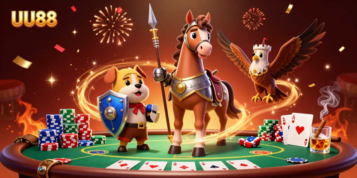 Bet on UU88 with excitement and flair as a knight, puppy, and falcon gather around a vibrant poker scene.