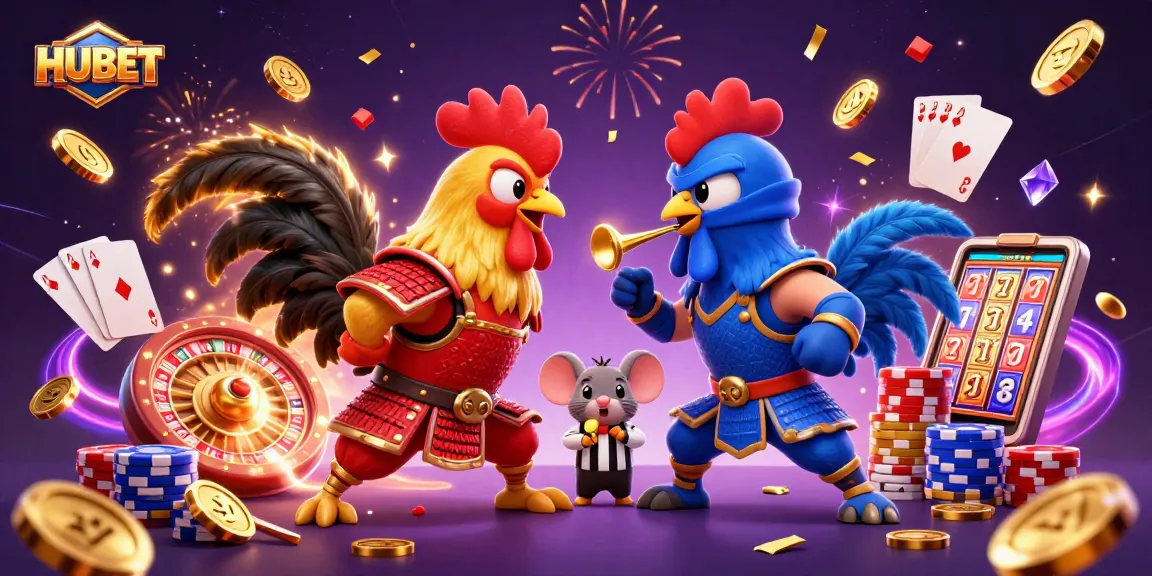 Experience thrilling action at HUBET with battling cartoon roosters, coins, and casino elements.