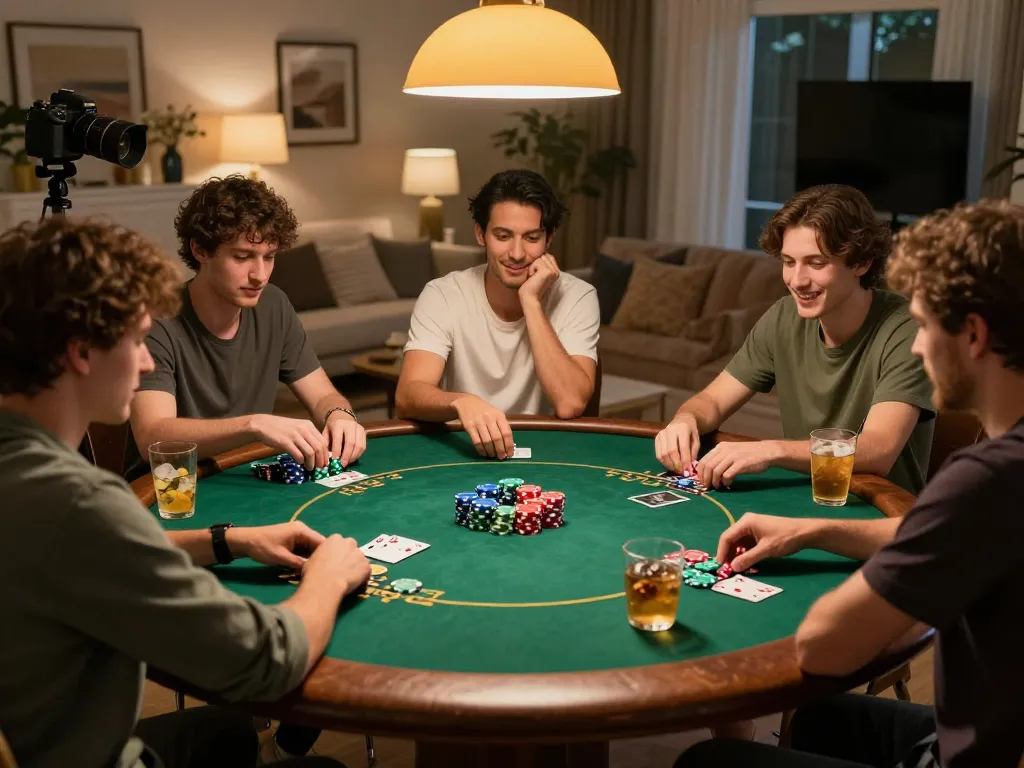 Engaged players enjoying a poker night at home, showcasing GK88 strategy in action.