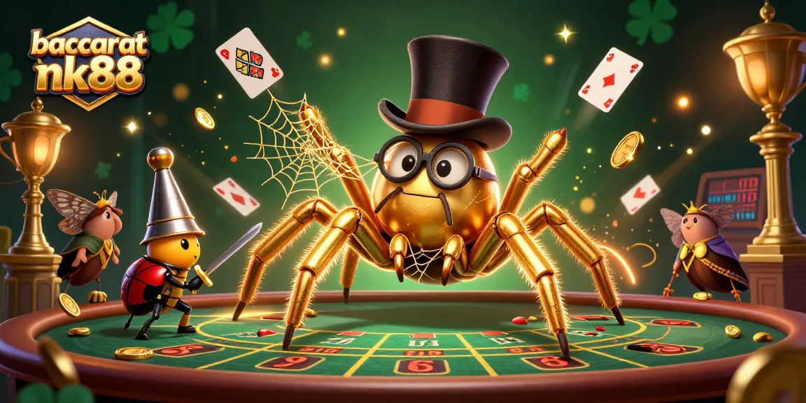 Baccarat nk88 features a golden tarantula and beetle knight in a dynamic casino scene.