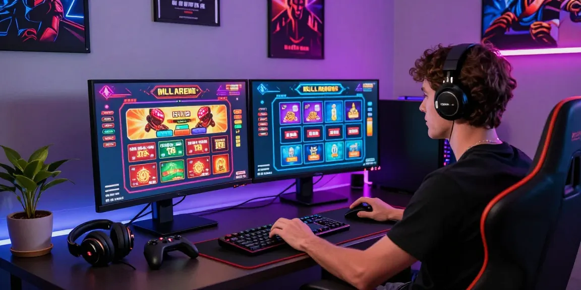 Engaging online gaming setup featuring situs raja328 with vibrant screens, gaming accessories, and a neon-lit atmosphere.