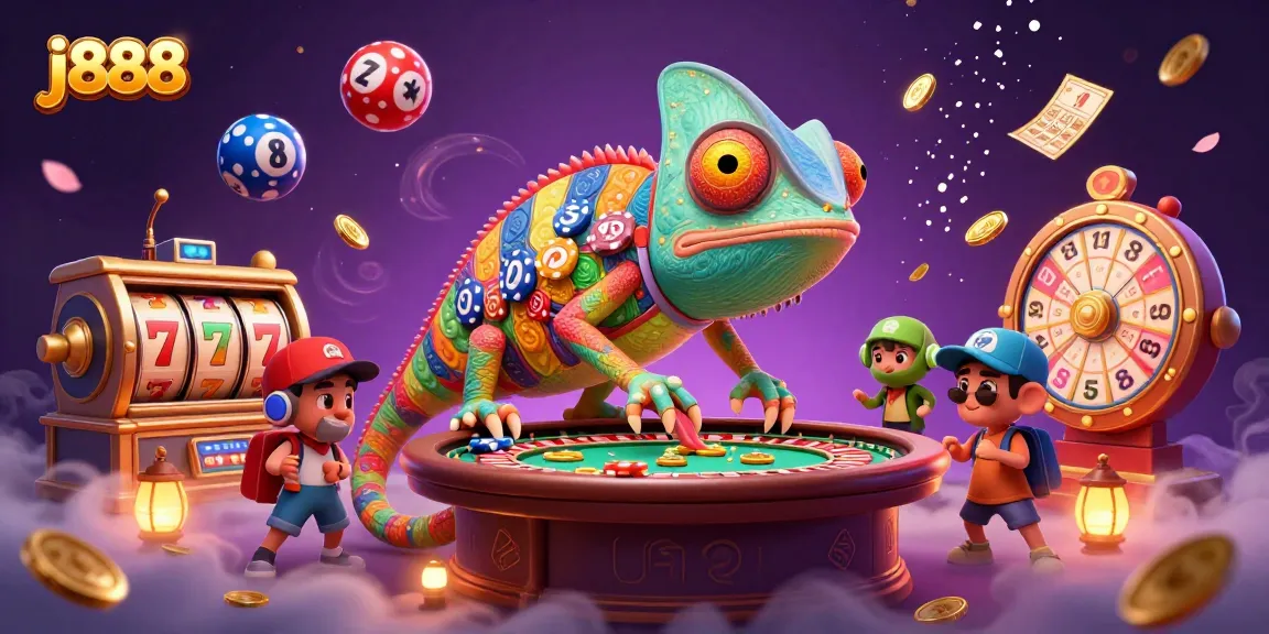 Experience exciting gameplay at j888 with vibrant slot reels and a whimsical chameleon casino owner.