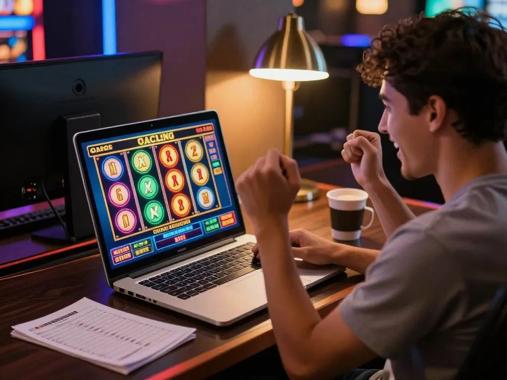 Celebrating a win with slot gacor online on a laptop in a cozy home setting.