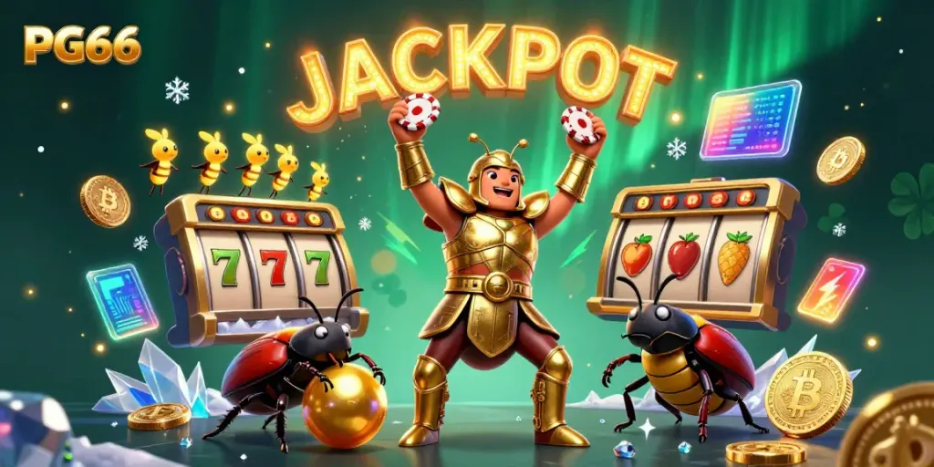 Join the fun at PG66 with this victory scene of a hero beetle lifting a chip amid a vibrant jackpot atmosphere.
