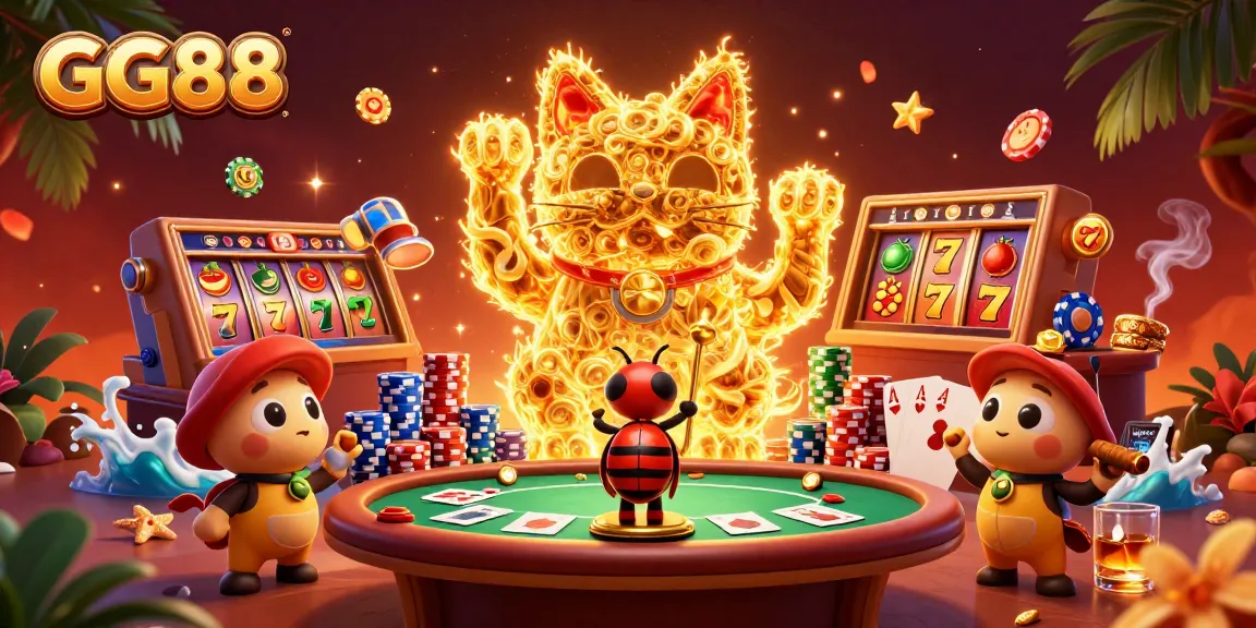 Experience the excitement of GG88 with a vibrant 3D rendering showcasing a lucky cat and casino imagery