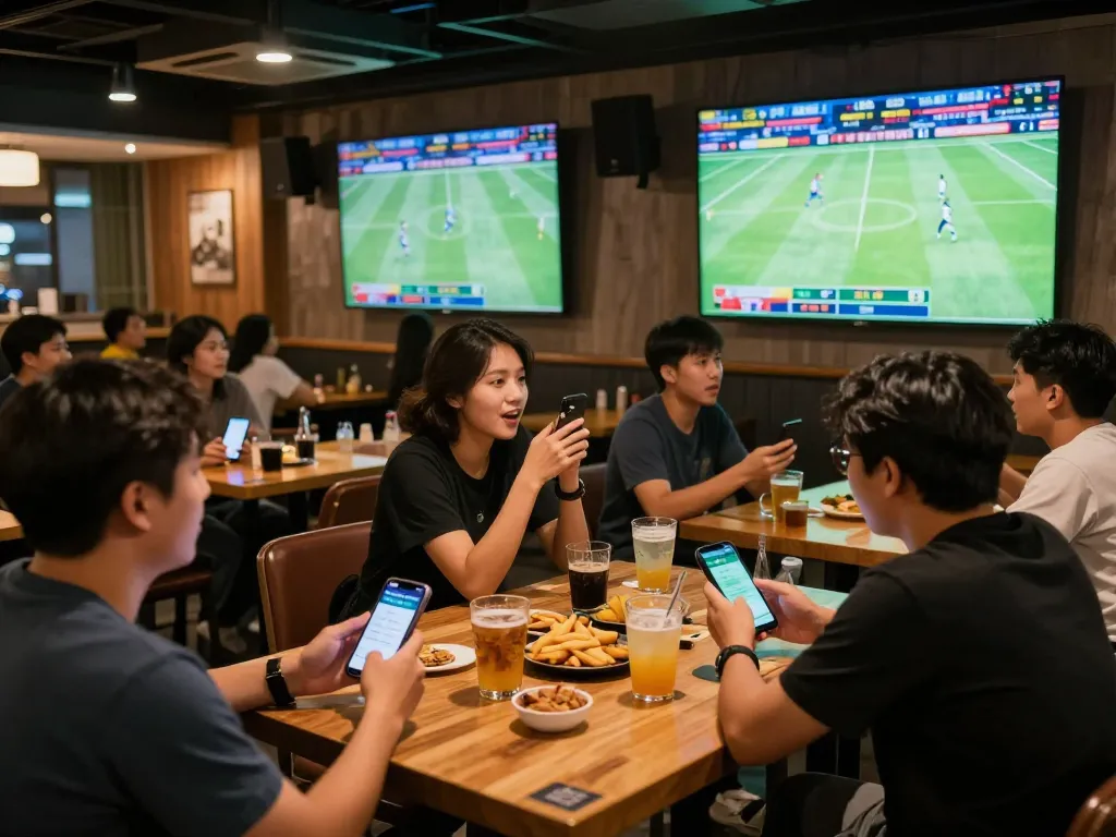 Kèo Nhà Cái 5 sports enthusiasts engaging with betting apps while watching live games.
