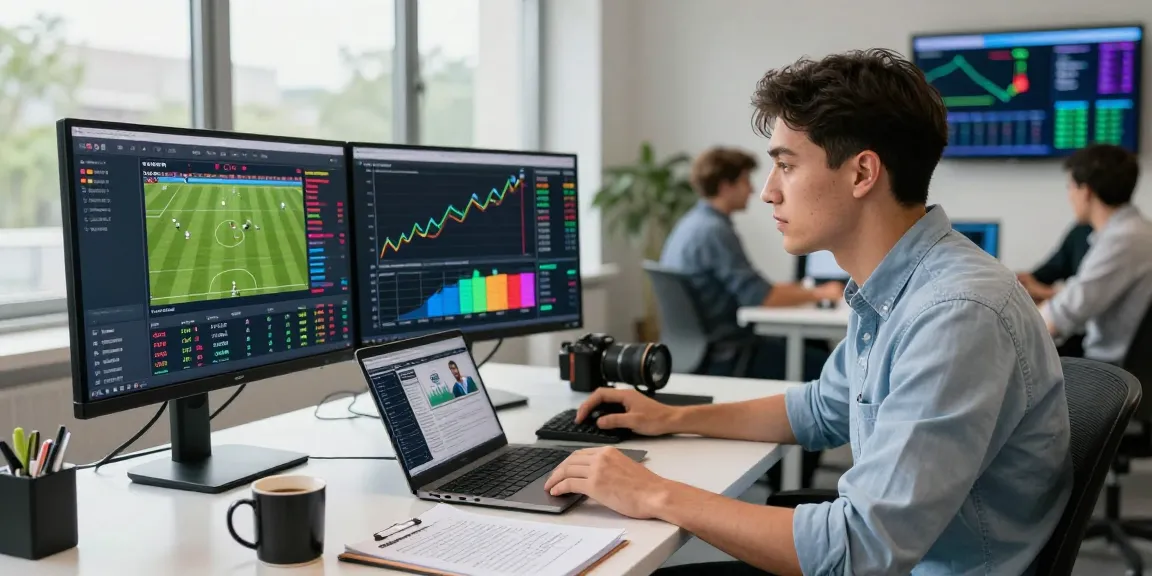 Passionate analyst reviewing tỷ lệ kèo nhà cái on dual monitors in a vibrant workspace.