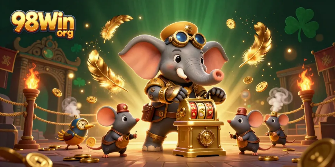 Spin the golden slot machine with engaging gameplay at 98Win org, featuring steampunk elements and vibrant design.