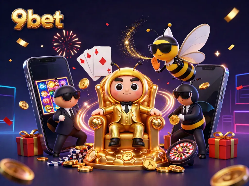 Experience the excitement of 9bet with a dynamic casino scene featuring colorful slot games and charming characters.