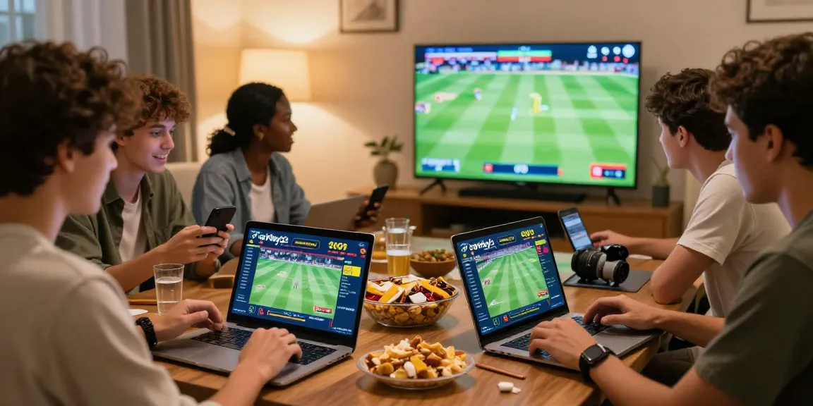Engaged sports fans celebrating online betting with Fairplay24 during a cricket match, showcasing excitement and camaraderie.